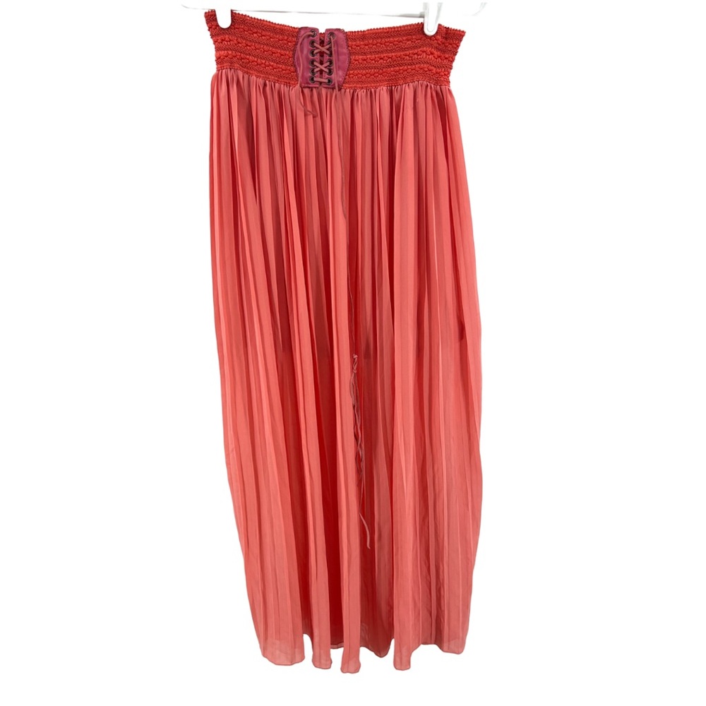 Be.You.tiful coral pleated boho tie waist lined maxi skirt M peasant festival